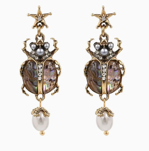 Vintage Insect Pearl Pendant Earrings