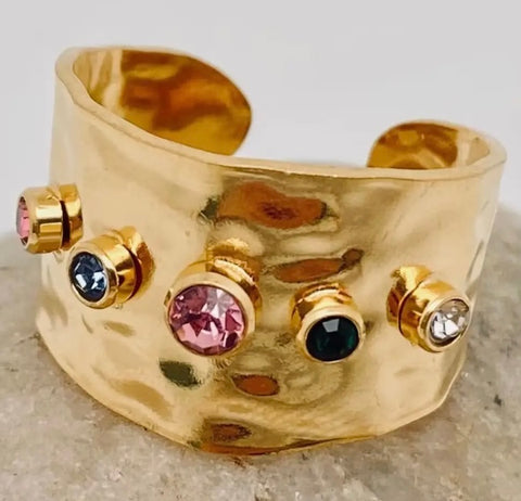 Colored Zircon Stainless Steel 18K Gold Plated Wide Ring-Fgs