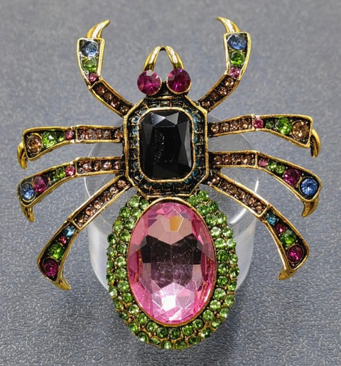 Glass & Rhinestone Spider Brooch