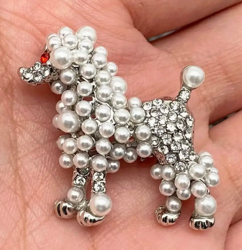 Rhinestone & Pearl Poodle Silver Brooch