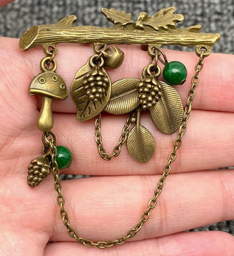 Mushroom Pinecone Leaf Charm Brooch