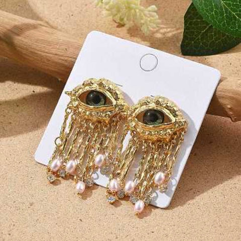 Evil Eye Gold Chain & Pearl Charm Dangle Earrings
