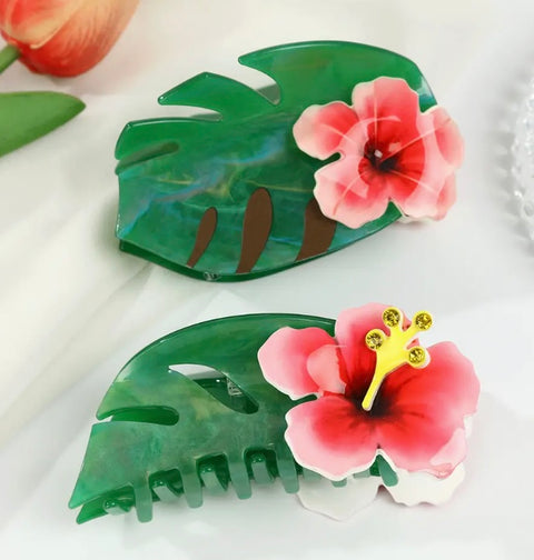 Hibiscus-Embellished Monstera Green Leaf Hair Clip -options