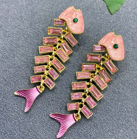 Pink Rhinestone Fishbone Earrings