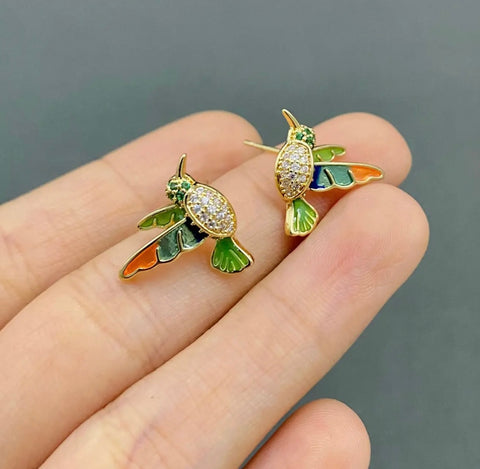 Rhinestone Enamel Hummingbird Ear Studs