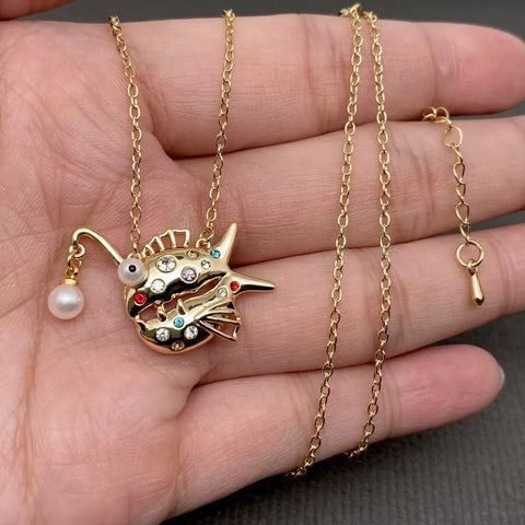 Rhinestone Lantern Fish Charm Necklace