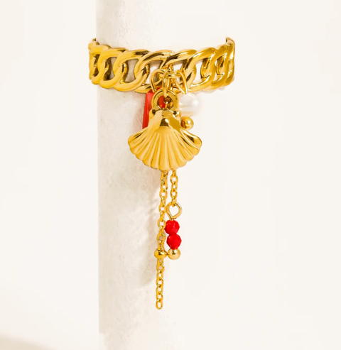 Gold Shell Dangle Chain Ring