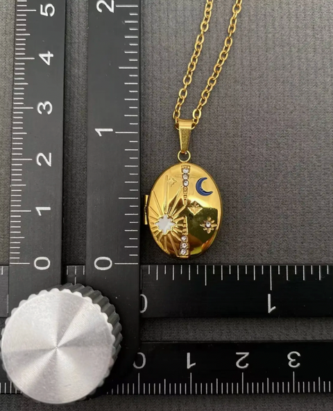 Star Moon Locket Charm 18K Golden S.Steel Necklace