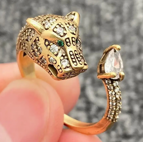 Vintage Rhinestone Leopard Head Adjustable Ring