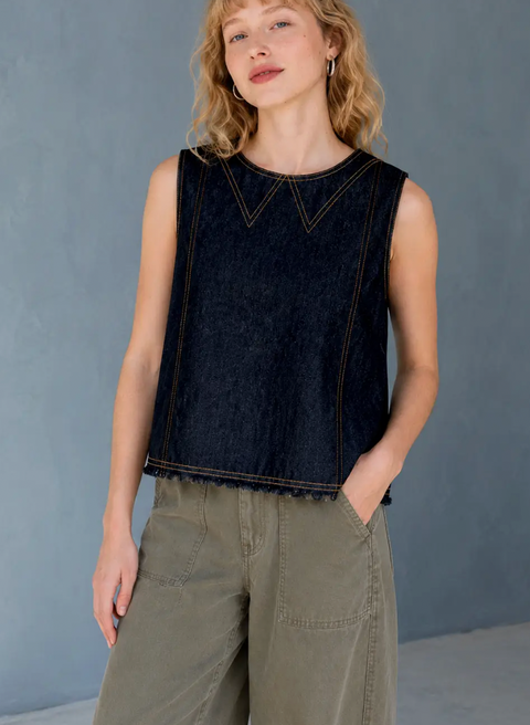 Contrast Stitch Button-Back Denim Top