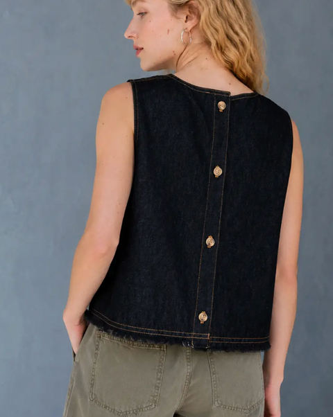 Contrast Stitch Button-Back Denim Top