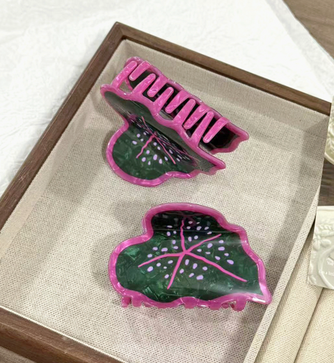 Vibrant Green & Pink Caladium Leaf Plant Hair Clip