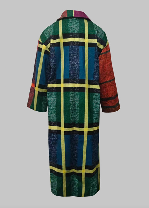 Long Color Plaid Wool Coat