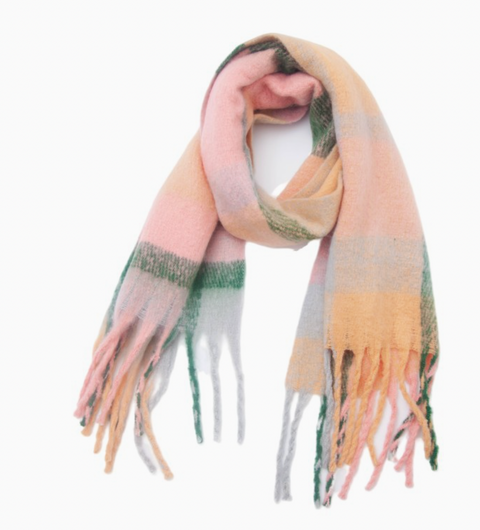 Plaid Color-Block Tassel Shawl Scarf