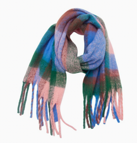 Plaid Color-Block Tassel Shawl Scarf