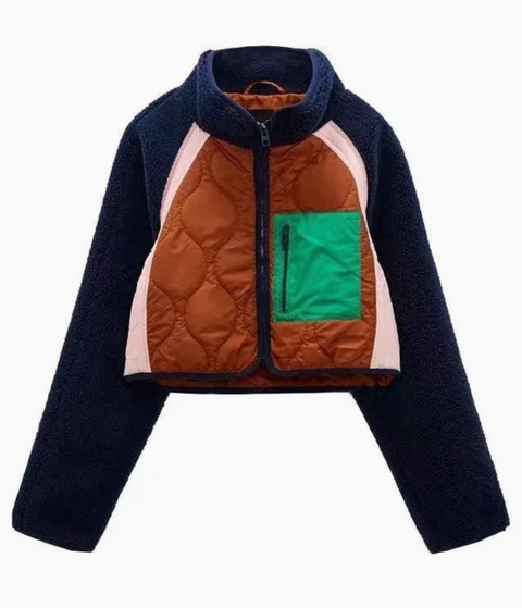 Retro Quilted Colorblock Jacket with Green Pocket