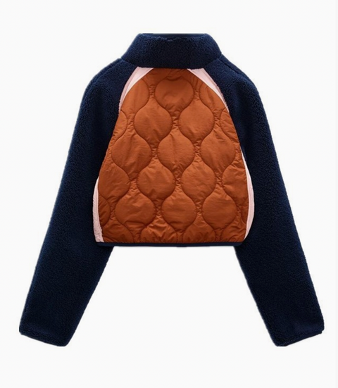 Retro Quilted Colorblock Jacket with Green Pocket