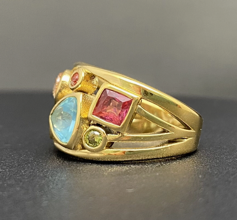Multi-Color Zircon Linlaid Hollow 18K Golden S.Steel Ring