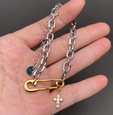 Cross Pin Charm 18K Gold Plated Stainless Steel Bracelet