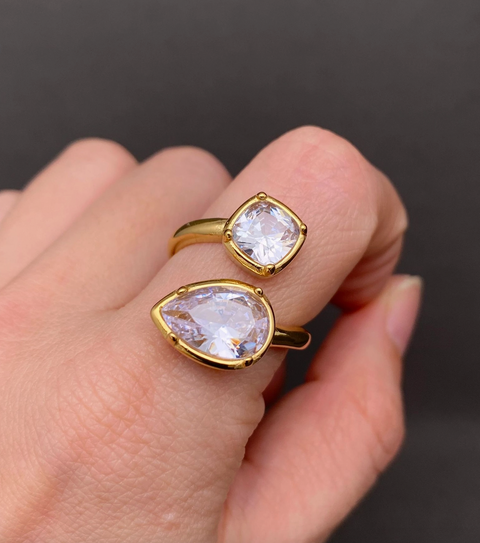 Double Zircon 18K Gold Plated Stainless Steel Ring