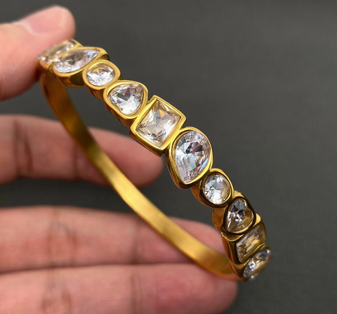 Geometric Zircon Inlaid 18K Gold-Plated S.Steel Bangle