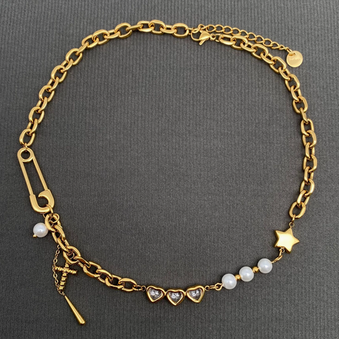 Heart & Star & Cross 18K Gold Plated Charm Necklace