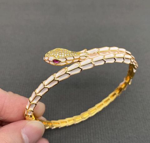 Rhinestone Inlaid Enamel Snake 18K Gold Plated Cuff Bangle
