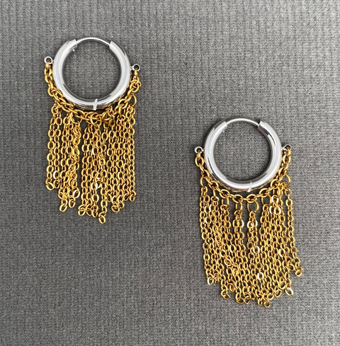 Two Tone Chain Tassel 18K Gold Plated Earrings