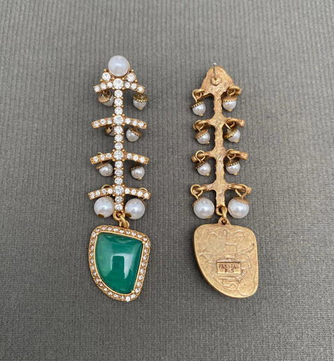 Vintage Rhinestone Inlaid Green Jade Fishbone Earrings