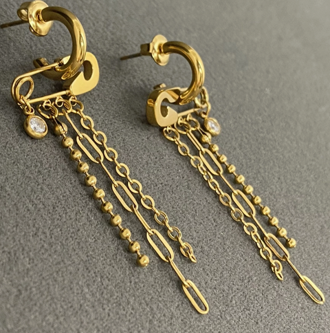 Safety Pin Chain Tassel Pin 18K Gold Plated Earrings