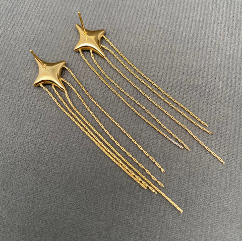 Zircon Inlaid Star Chain Tassel 18K Golden Earrings