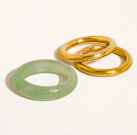 Moss 18K Gold Non-Tarnish Green Aventurine Stone Ring Set