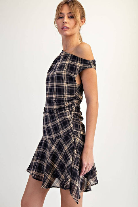 Plaid Woven Asymmetrical Hem Mini Dress