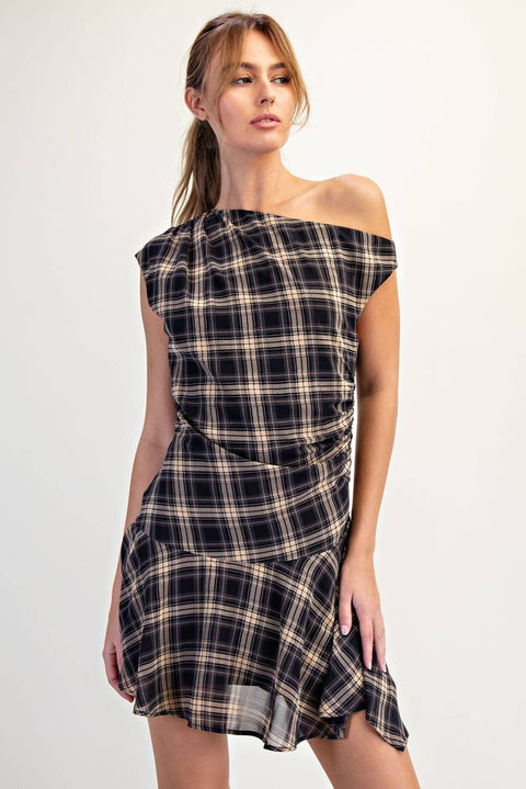 Plaid Woven Asymmetrical Hem Mini Dress